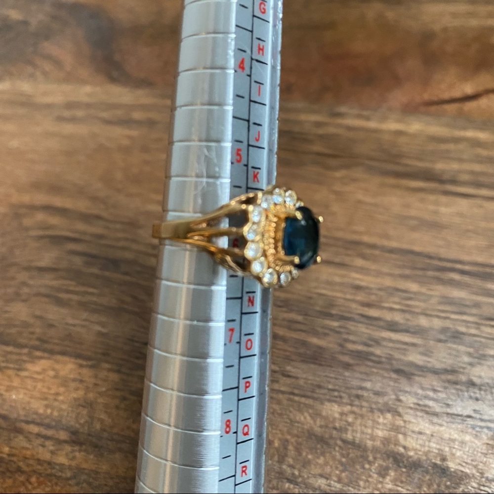 14k Yellow Gold Plated Blue & Clear Stone Flower Ring - Picture 11 of 15